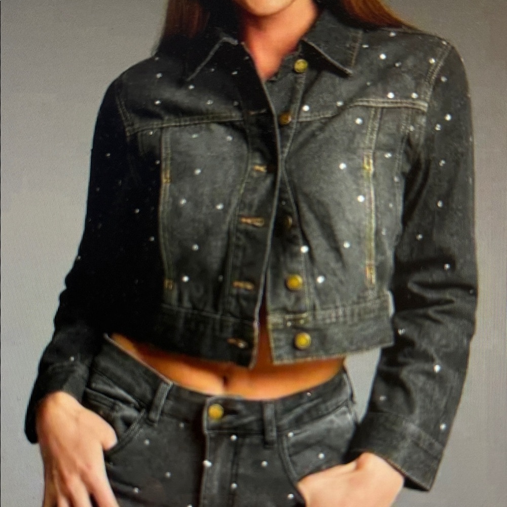 NWT Bebe Black Wash Denim Cropped Jacket Rhinestone Accents Sparkly Glam Size L